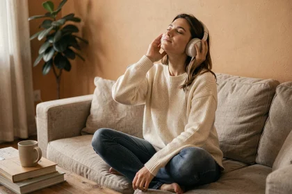Femme détendue sur un canapé en lin portant un casque audio après une longue journée de travail