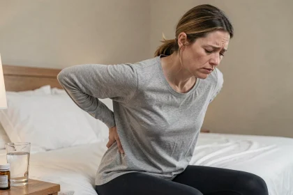 Femme souffrant de douleurs chroniques liées à la fibromyalgie assise sur le bord de son lit en tenant son dos