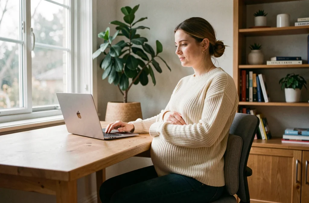 Femme enceinte assise avec un coussin lombaire devant son bureau pour prévenir les douleurs dorsales en télétravail