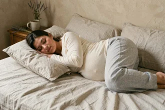 Femme enceinte dormant sur le côté avec un coussin de grossesse dans une chambre cosy aux tons naturels