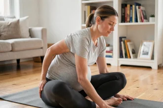 Femme enceinte pratiquant un étirement doux sur un tapis de yoga pour prévenir les maux de dos pendant la grossesse