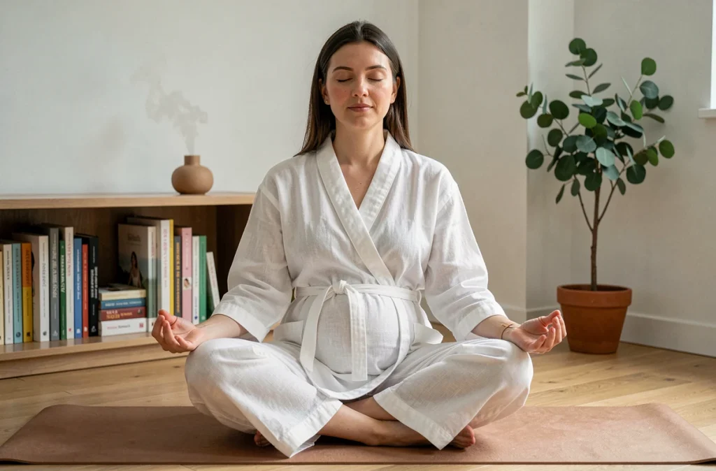 Femme enceinte en méditation sur un tapis de yoga dans un salon minimaliste pour favoriser le sommeil