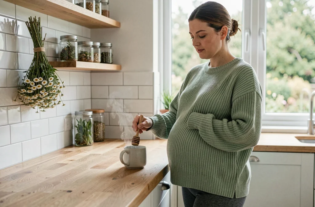 Femme enceinte préparant une tisane à la camomille dans une cuisine naturelle pour améliorer le sommeil