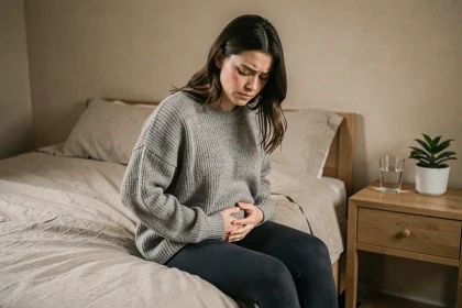 Femme atteinte d'endométriose assise sur son lit, mains posées sur le ventre, expression de douleur chronique discrète