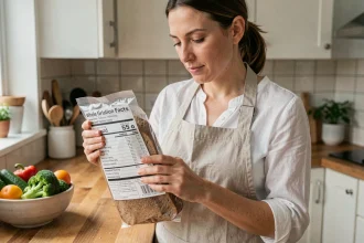 Femme lisant l'étiquette nutritionnelle d'un pain complet dans une cuisine moderne pour contrôler l'indice glycémique
