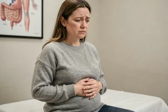 Femme souffrant de la maladie de Crohn lors d'une consultation médicale, les mains sur l'abdomen dans un cabinet de gastroentérologie