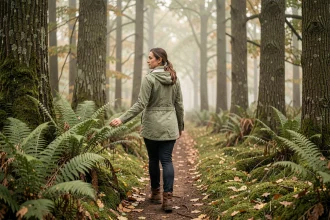 Femme se ressourçant en marchant seule sur un sentier forestier automnal entouré de fougères et de brume
