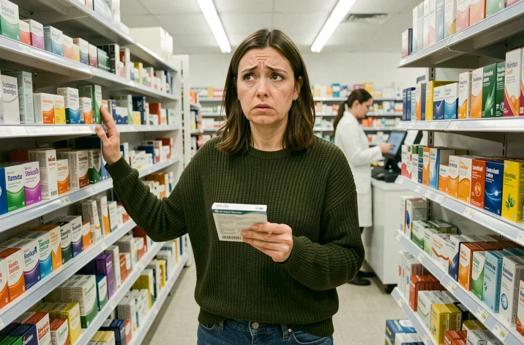 Femme désorientée dans une pharmacie tenant une notice de médicament pour gérer sa fibromyalgie