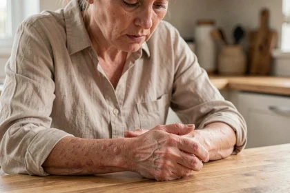 Femme de 45 ans regardant ses mains atteintes de psoriasis posées sur une table de cuisine, exprimant une inquiétude silencieuse face à la maladie