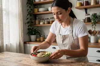 Femme préparant un repas équilibré avec légumes grillés, quinoa et avocat dans une cuisine naturelle pour une alimentation saine et durable