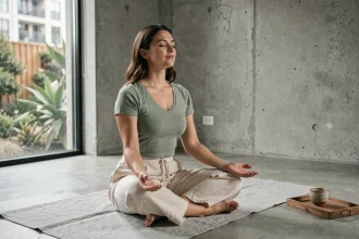 Femme pratiquant la respiration consciente assise en tailleur sur un tapis de yoga dans un espace minimaliste baigné d'une atmosphère apaisante