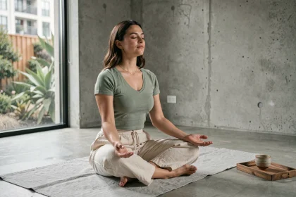 Femme pratiquant la respiration consciente assise en tailleur sur un tapis de yoga dans un espace minimaliste baigné d'une atmosphère apaisante