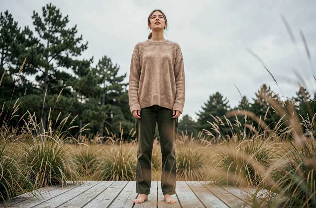 Jeune femme pratiquant la respiration profonde en plein air sur une terrasse en bois entourée de nature pour réduire le stress