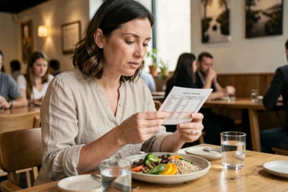 Femme au restaurant consultant un tableau de l'index glycémique des aliments pour choisir son repas