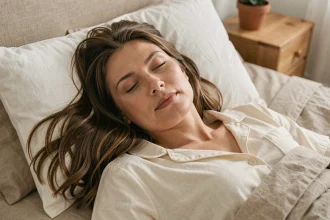 Femme endormie paisiblement dans un lit aux draps blancs, incarnant une routine de sommeil saine et régulière pour améliorer l'humeur