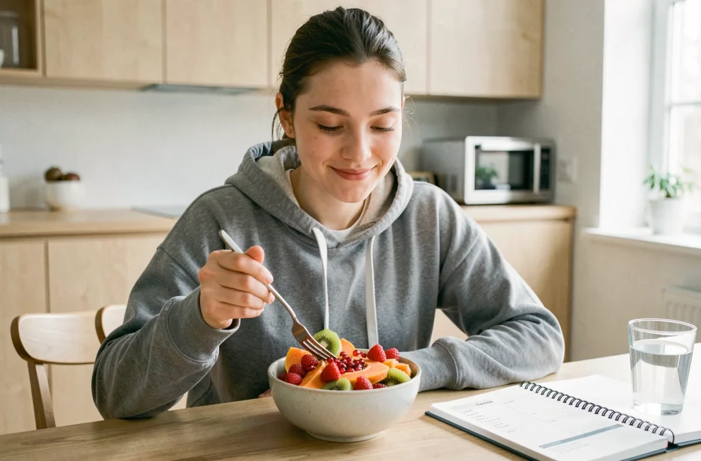 Jeune femme mangeant une salade de fruits colorée dans une cuisine scandinave lumineuse, dans le cadre d'un régime minceur équilibré
