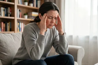 Femme fatiguée assise dans un salon tenant sa tête en raison de symptômes neurologiques liés à la sclérose en plaques