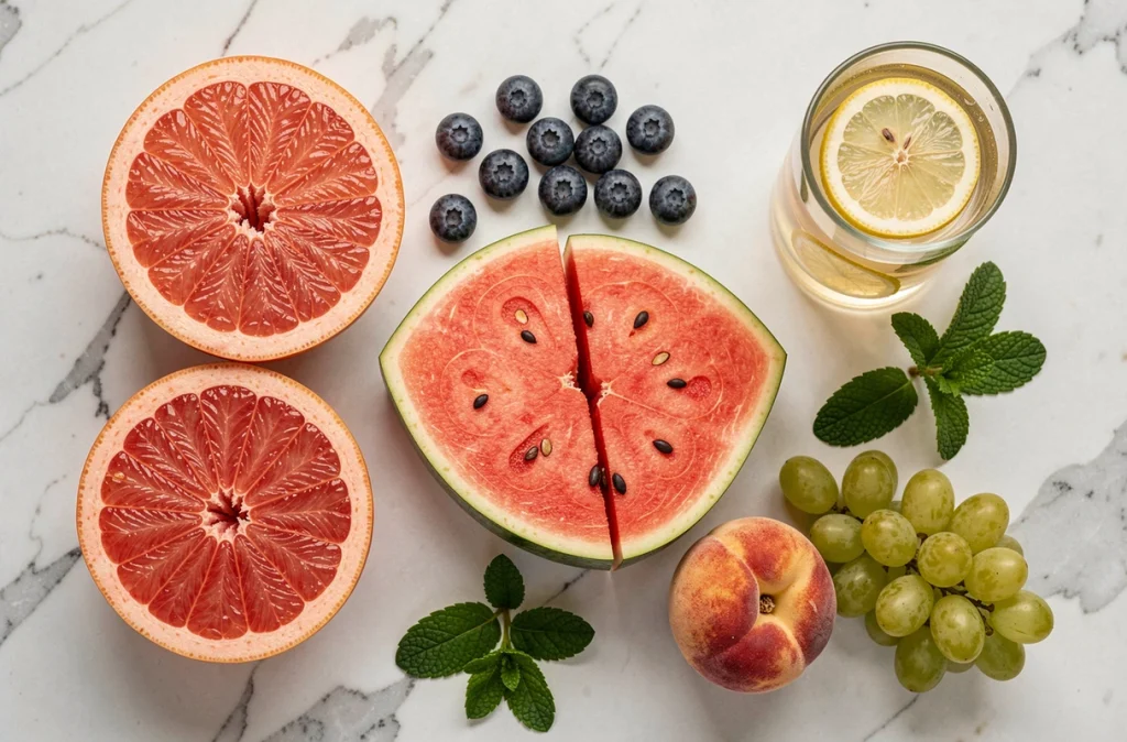 Vue de dessus de fruits sains pour maigrir disposés sur un plan de travail en marbre blanc, incluant pamplemousse, myrtilles et pastèque