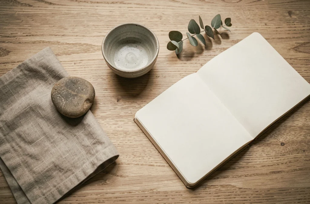 Flat lay minimaliste avec bol en céramique, pierre naturelle et carnet ouvert sur une surface en bois clair pour un intérieur apaisant