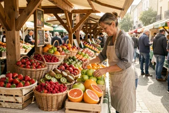 Étal de marché en plein air avec des fruits frais variés comme fraises, kiwis et pamplemousses disposés dans des paniers en osier