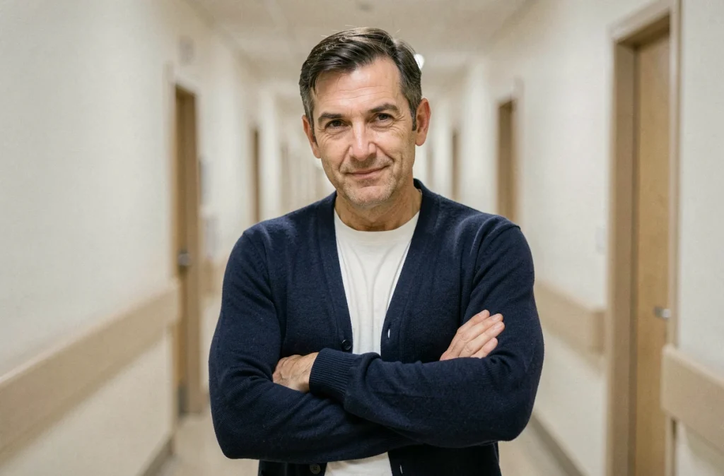 Homme au regard déterminé dans un couloir d'hôpital, représentant le courage face au cancer et l'espoir de la guérison