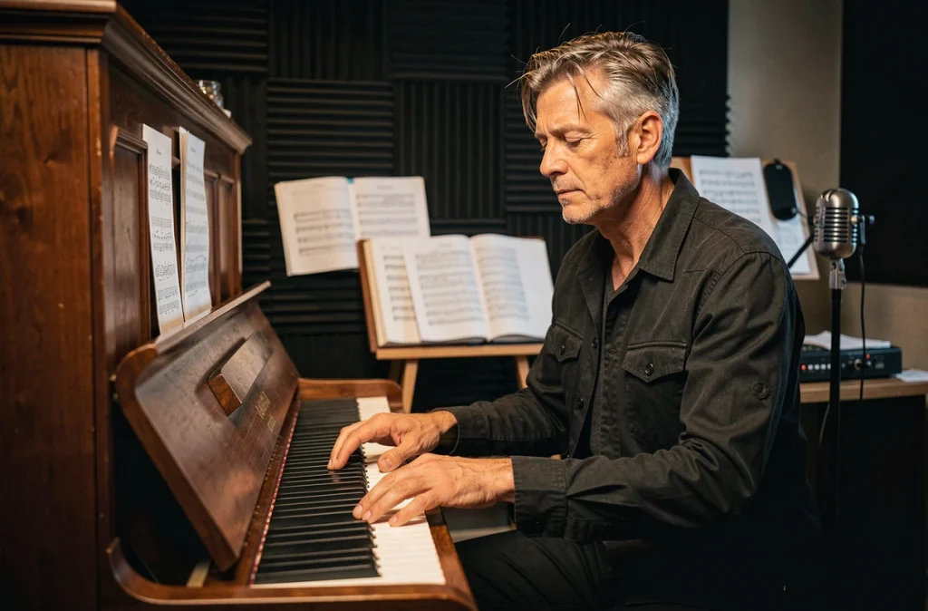 Musicien aux cheveux poivre et sel jouant du piano dans un studio d'enregistrement, symbolisant la renaissance artistique après la maladie
