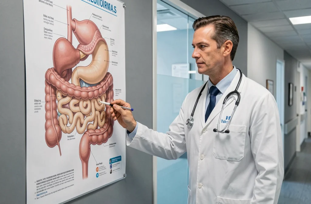Médecin gastroentérologue expliquant les effets de la maladie de Crohn sur le système digestif devant un poster anatomique des intestins