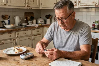 Homme de 52 ans mesurant sa glycémie avec un glucomètre sur une table de cuisine, illustrant la gestion quotidienne du diabète de type 2