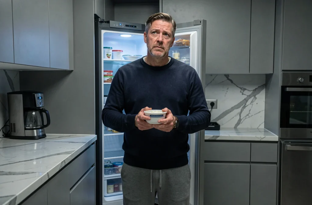 Homme fatigué qui grignote la nuit devant un réfrigérateur ouvert, symbolisant les effets du manque de sommeil sur les comportements alimentaires