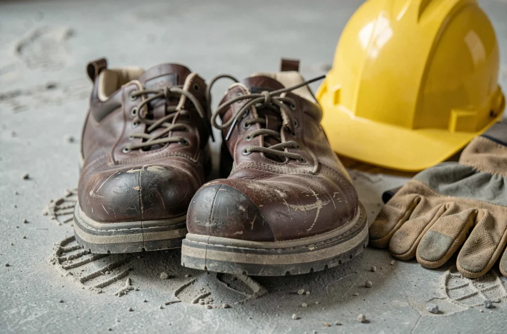 Gros plan sur une paire de chaussures de sécurité à embout acier posées sur un sol en béton, montrant l'usure réelle et la semelle confortable adaptée aux pieds égyptiens
