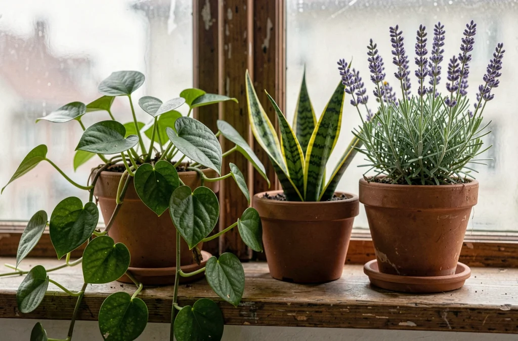 Gros plan de plantes d'intérieur variées disposées sur un rebord de fenêtre en bois illustrant l'atmosphère apaisante du végétal chez soi