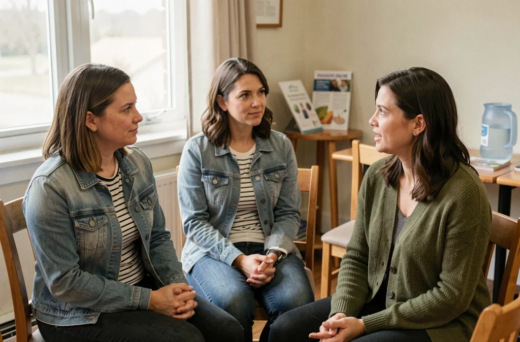 Groupe de femmes atteintes d'endométriose réunies lors d'une séance de soutien communautaire et de partage d'expériences