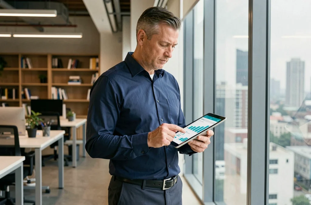 Homme d'affaires analysant des offres d'assurance ECA sur une tablette dans un bureau moderne