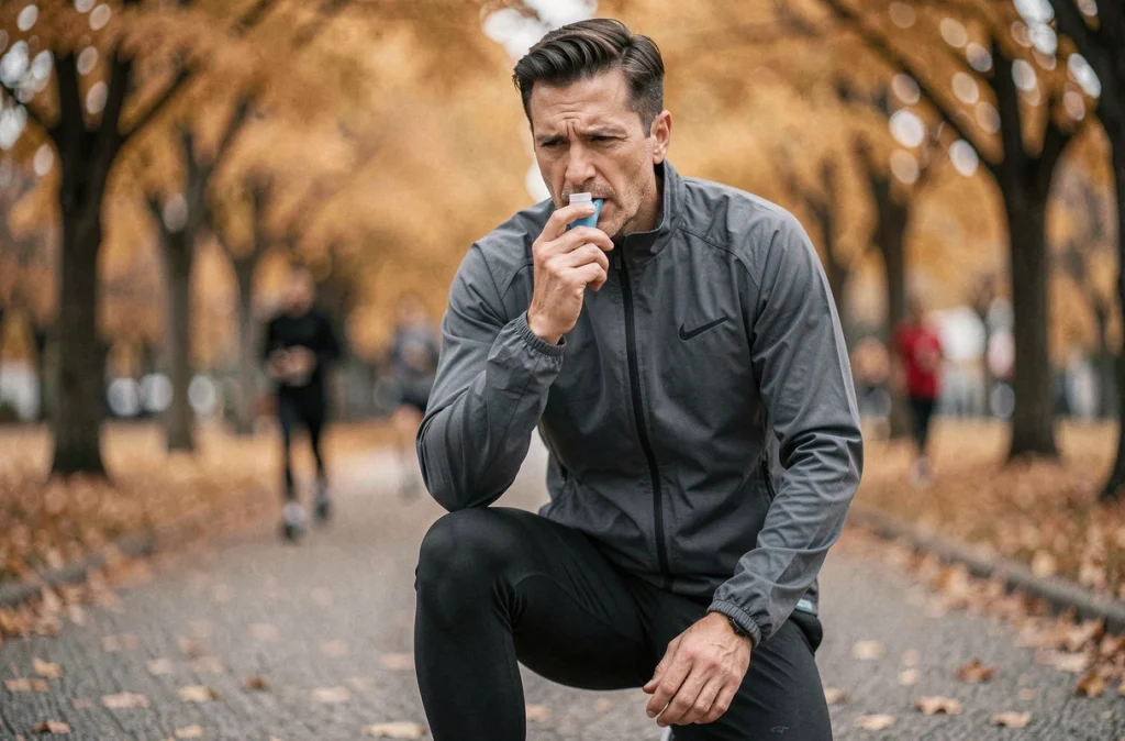 Homme adulte asthmatique utilisant un inhalateur pendant une séance de jogging dans un parc en automne, illustrant la gestion de l'asthme à l'effort