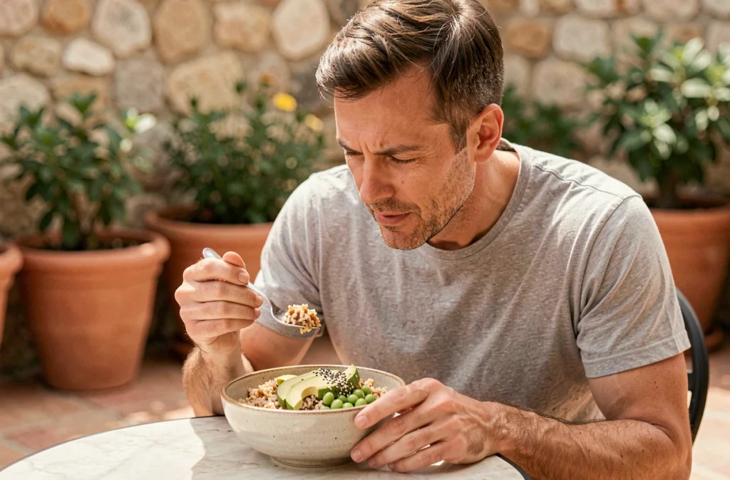 Homme dégustant un bol de riz complet avec avocat et edamame en terrasse méditerranéenne