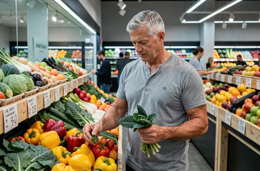 Homme choisissant des légumes frais au marché pour rééquilibrer son alimentation et adopter un mode de vie plus sain