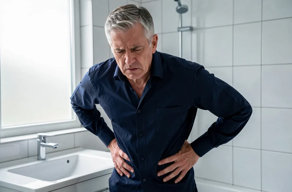 Homme en douleur tenant son flanc droit dans une salle de bain, symptôme de crise hépatique