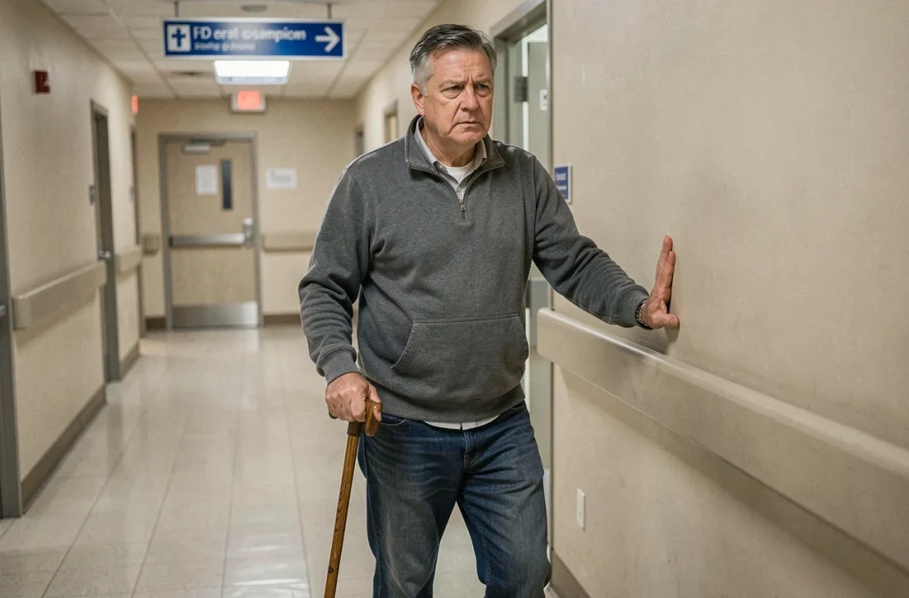 Homme adulte s'appuyant sur une canne dans un couloir d'hôpital illustrant les difficultés de mobilité liées à la sclérose en plaques