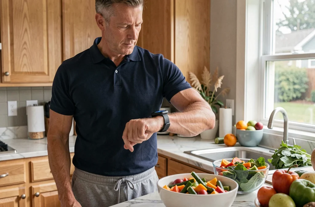 Homme d'âge mûr surveillant sa santé avec une montre connectée dans une cuisine lumineuse dans le cadre d'une prévention proactive