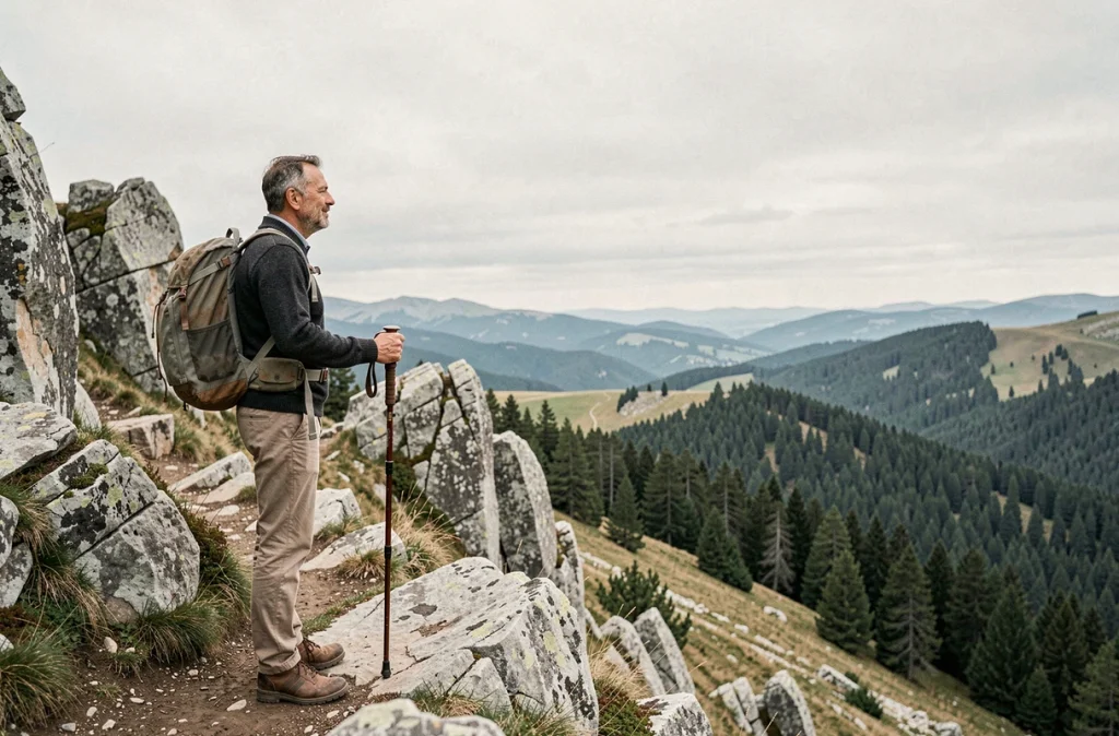 Homme faisant une pause sur un sentier de montagne rocheux contemplant une vaste vallée verdoyante