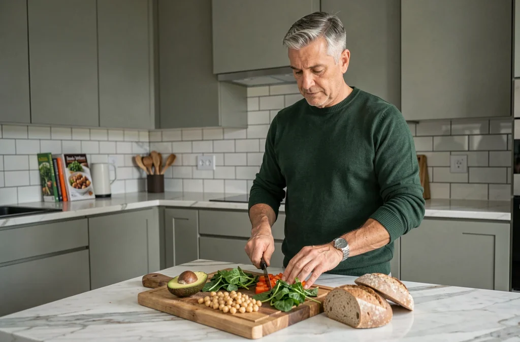 Homme d'âge mûr préparant un repas sain et équilibré dans une cuisine moderne, symbolisant le lien entre nutrition et clarté mentale