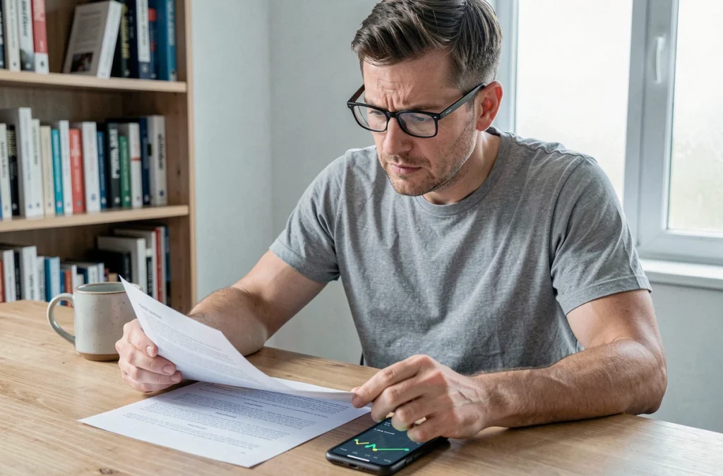 Homme consultant des études scientifiques sur le nombre de pas et le rythme de marche idéal pour la santé