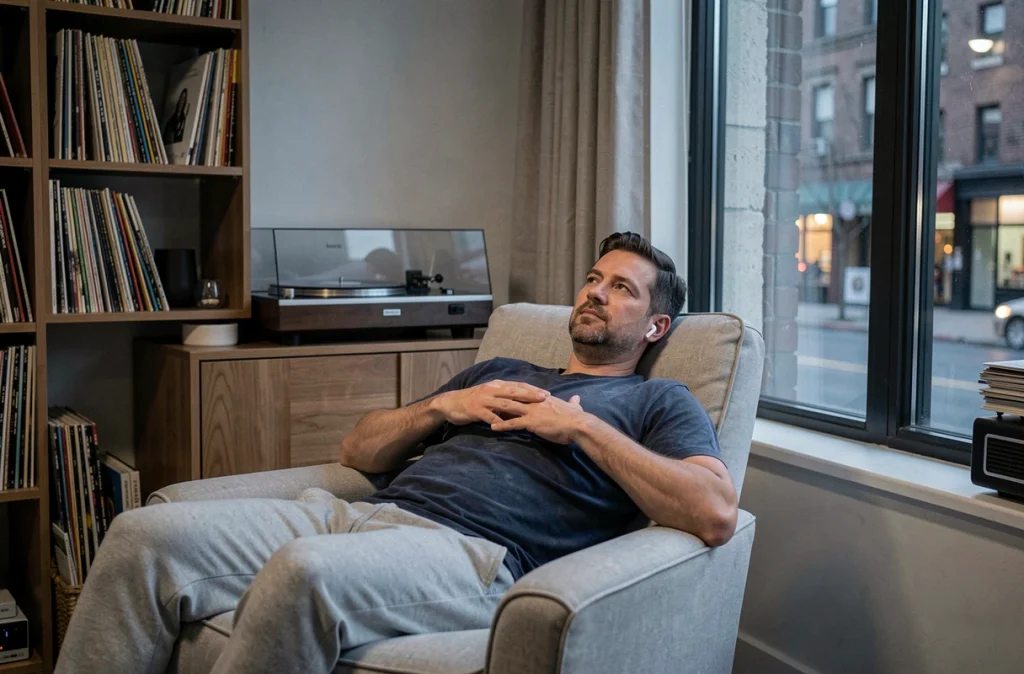 Homme se relaxant dans un fauteuil avec des écouteurs sans fil en écoutant de la musique douce le soir