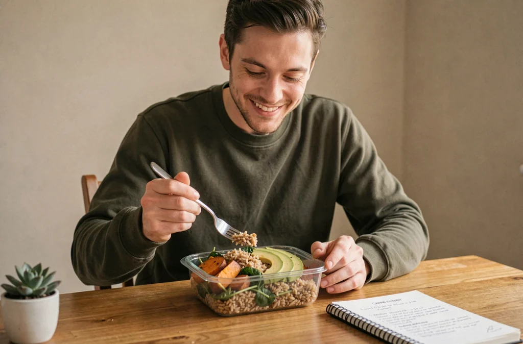 Homme dégustant un repas batch cooking sain et équilibré à son domicile avec un plan alimentaire minceur