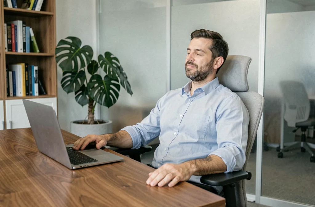 Homme pratiquant une pause de respiration consciente à son bureau dans un environnement de travail calme pour gérer le stress professionnel