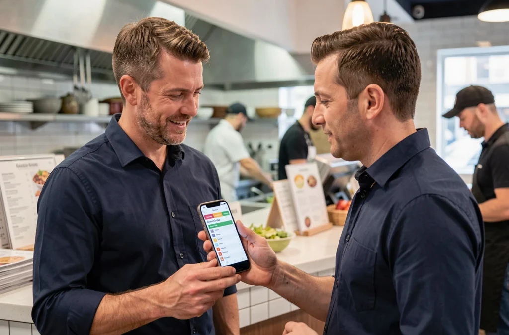 Homme montrant un tableau de l'index glycémique des aliments sur son téléphone à un serveur de restaurant