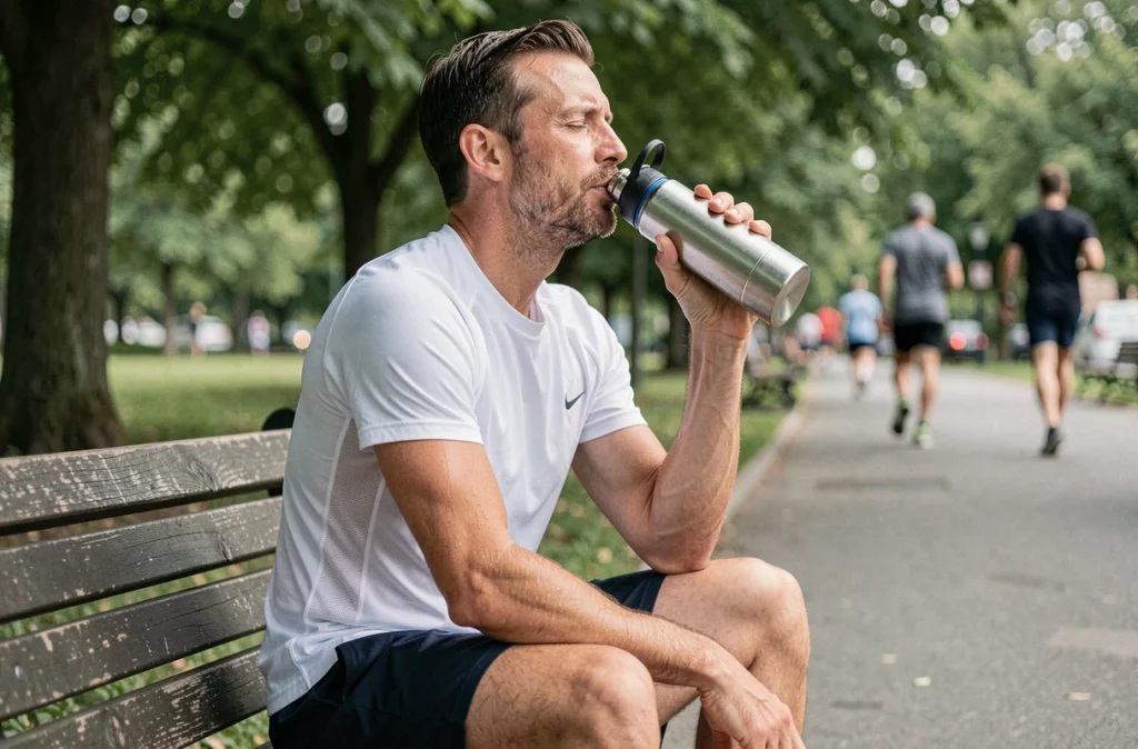 Homme en tenue de sport buvant à une gourde dans un parc après une course, mettant en avant l'hydratation et la gestion du poids