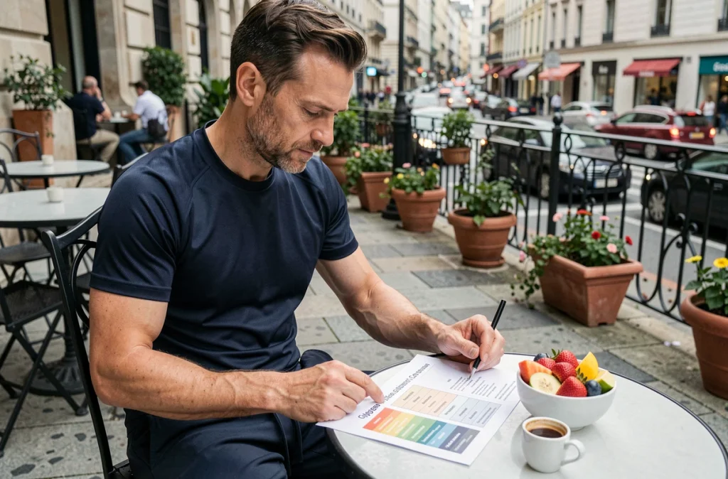 Homme consultant un tableau d'indice glycémique en terrasse de café avec un bol de fruits frais