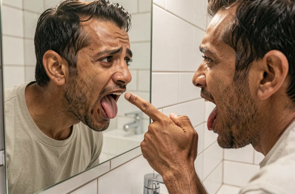Homme examinant une tache marron sur sa langue devant un miroir de salle de bain, inquiet d'un éventuel cancer