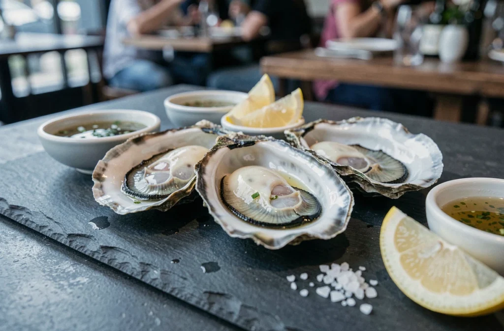 Huîtres fraîches sur ardoise avec sauce mignonette et citron, présentation gastronomique en gros plan